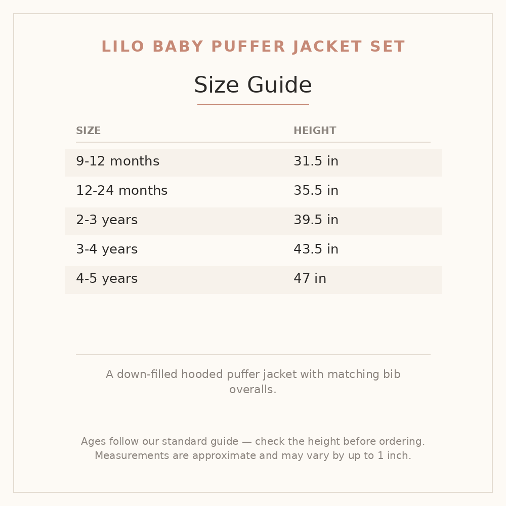 Lilo Baby Puffer Jacket Set size guide - age and height