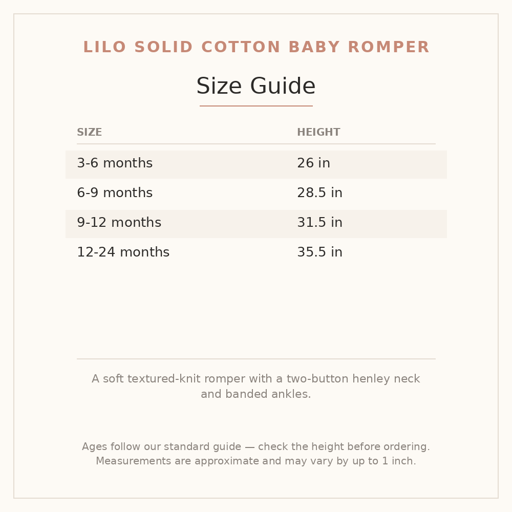 Lilo Solid Cotton Baby Romper size guide - age and height