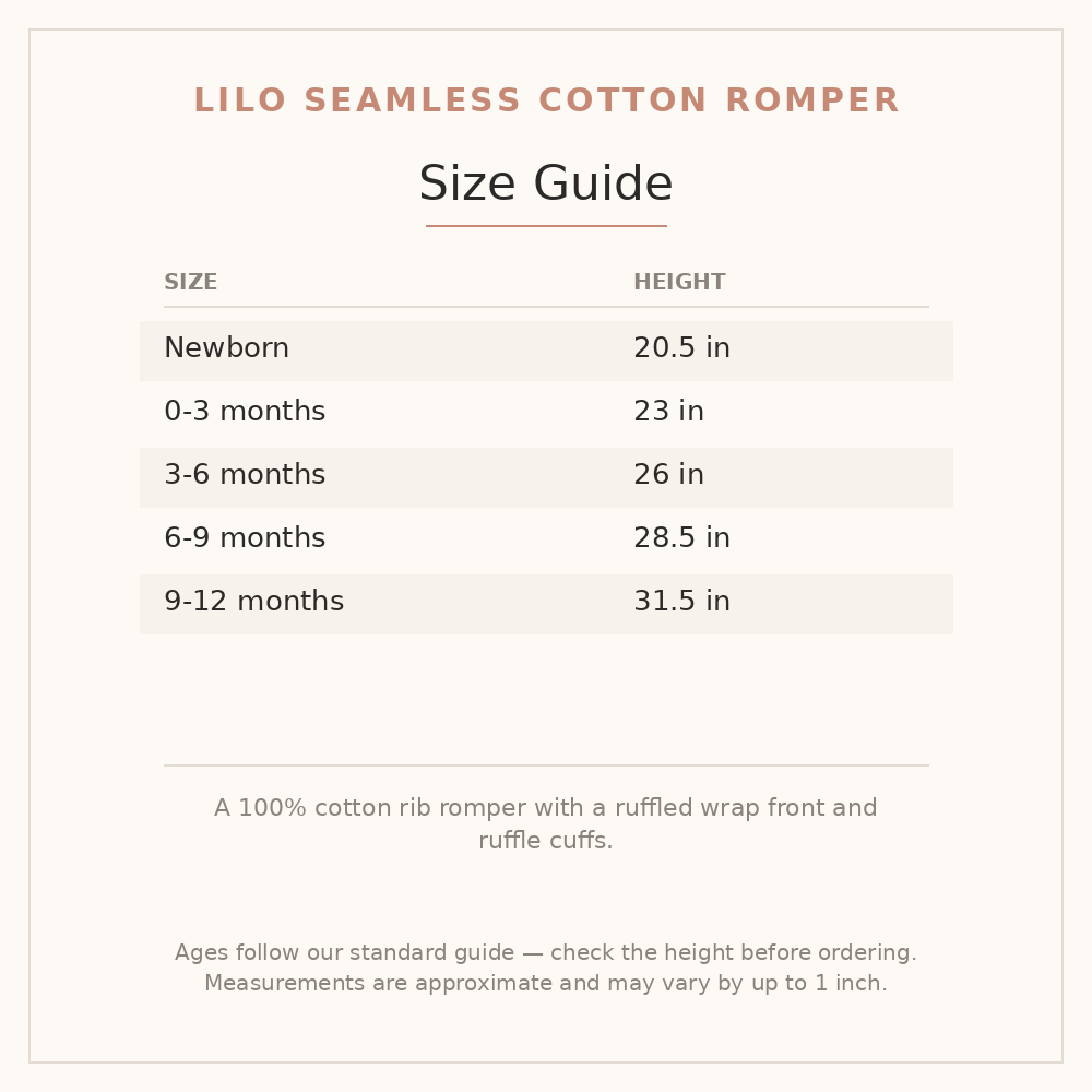 Lilo Seamless Cotton Romper size guide - age and height