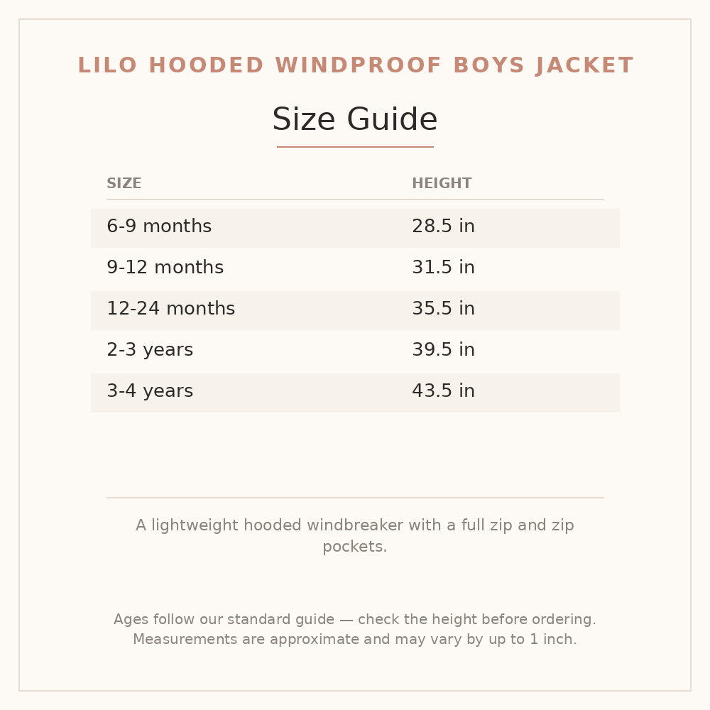 Lilo Hooded Windproof Boys Jacket size guide - age and height