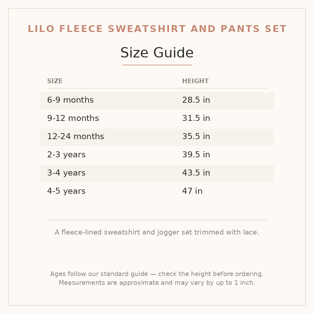 Lilo Fleece Sweatshirt and Pants Set size guide - age and height