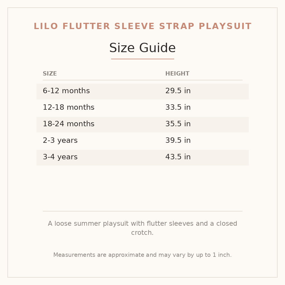 Lilo Flutter Sleeve Strap Playsuit size guide - age and height