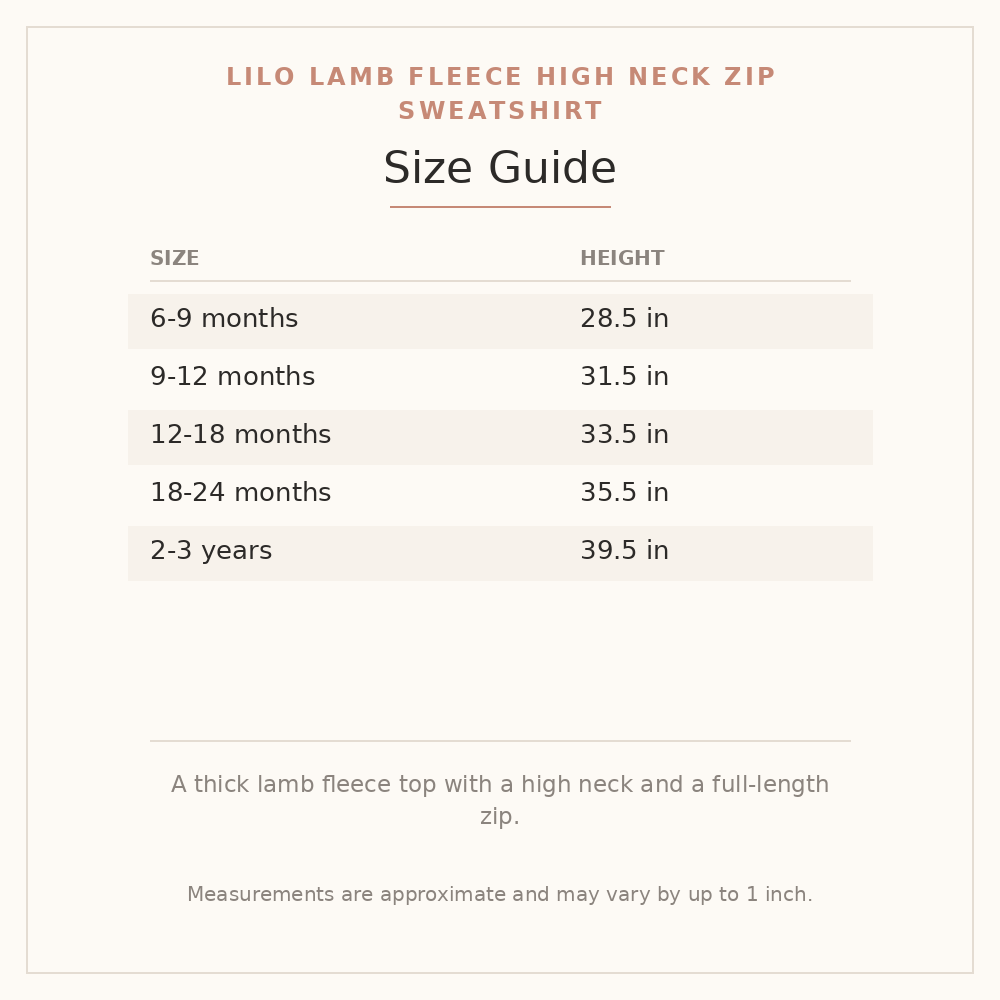 Lilo Lamb Fleece High Neck Zip Sweatshirt size guide - age and height