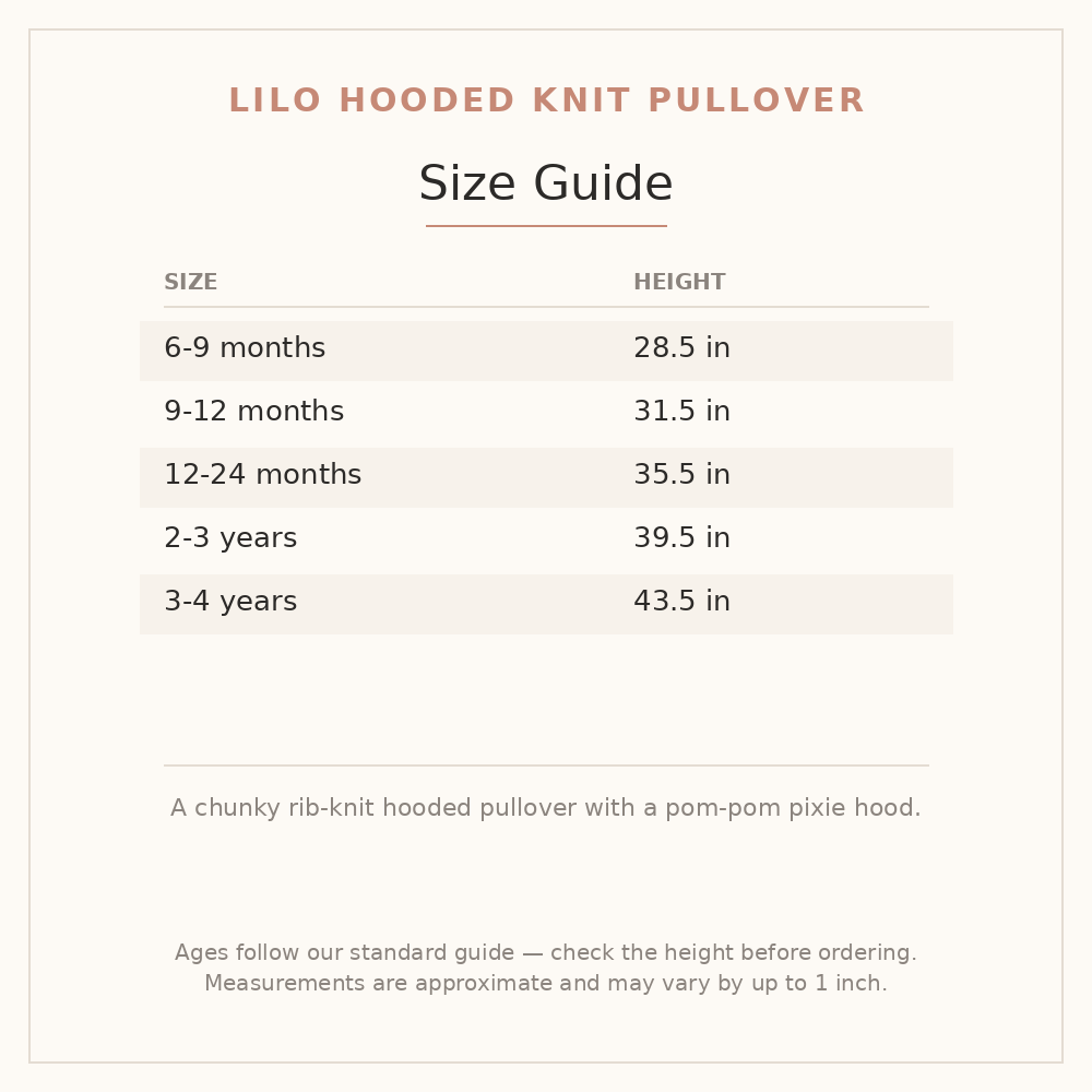 Lilo Hooded Knit Pullover size guide - age and height