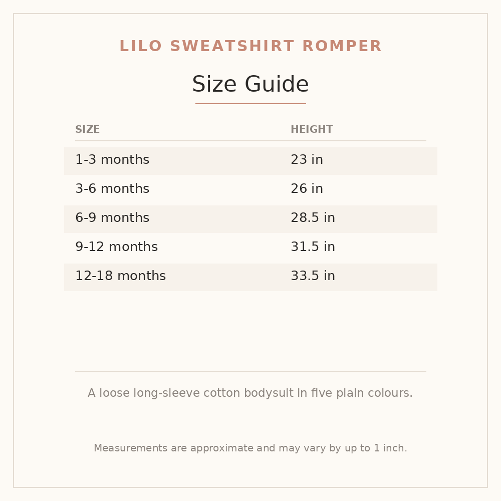 Lilo Sweatshirt Romper size guide - age and height