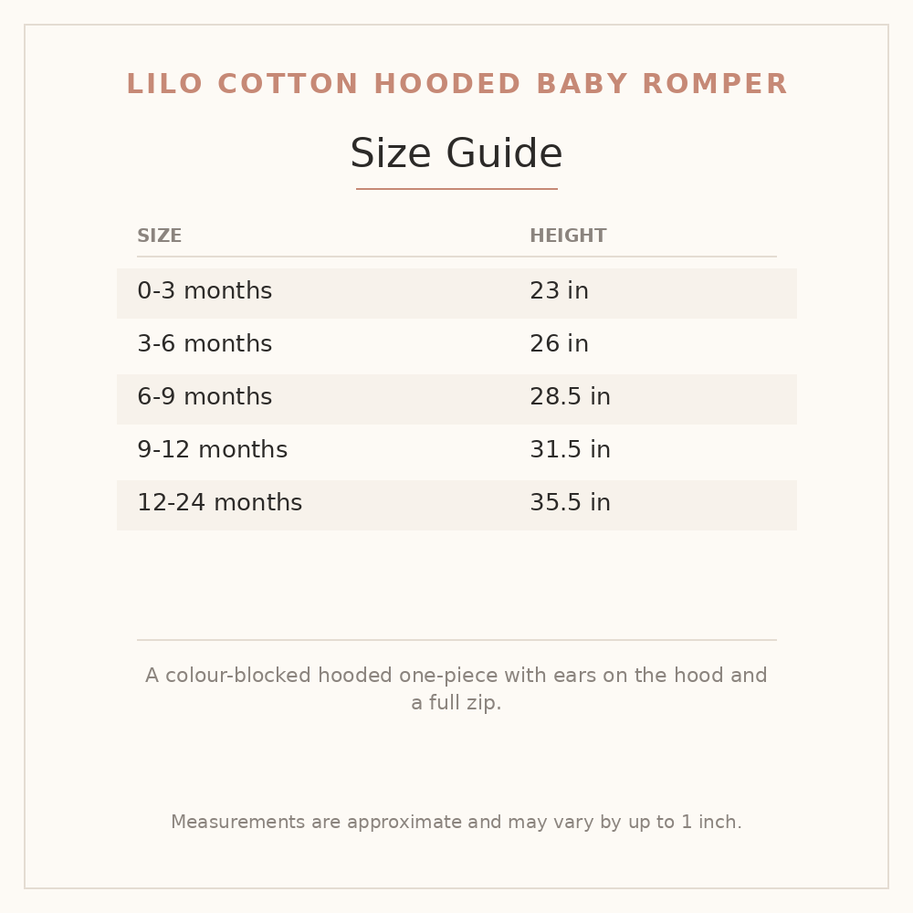 Lilo Cotton Hooded Baby Romper size guide - age and height