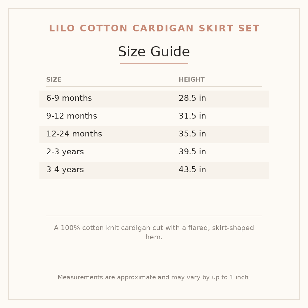 Lilo Cotton Cardigan Skirt Set size guide - age and height