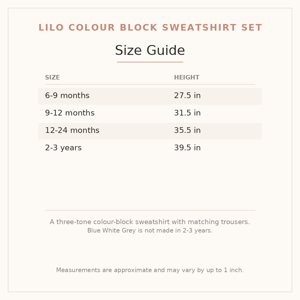 Lilo Colour Block Sweatshirt Set size guide - age and height