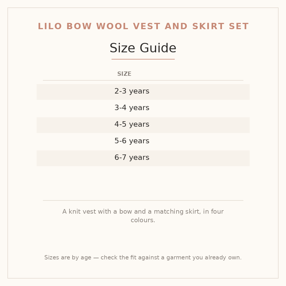 Lilo Bow Wool Vest and Skirt Set size guide - age