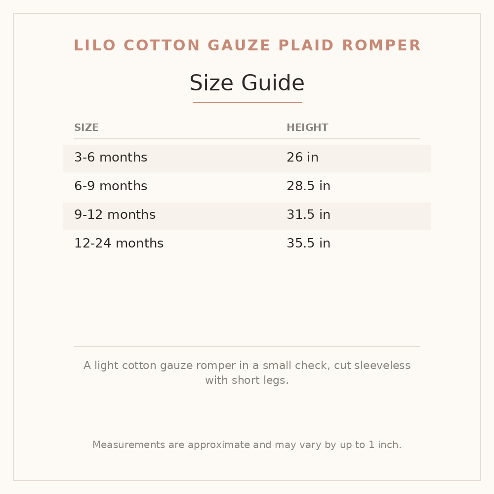Lilo Cotton Gauze Plaid Romper size guide - age and height