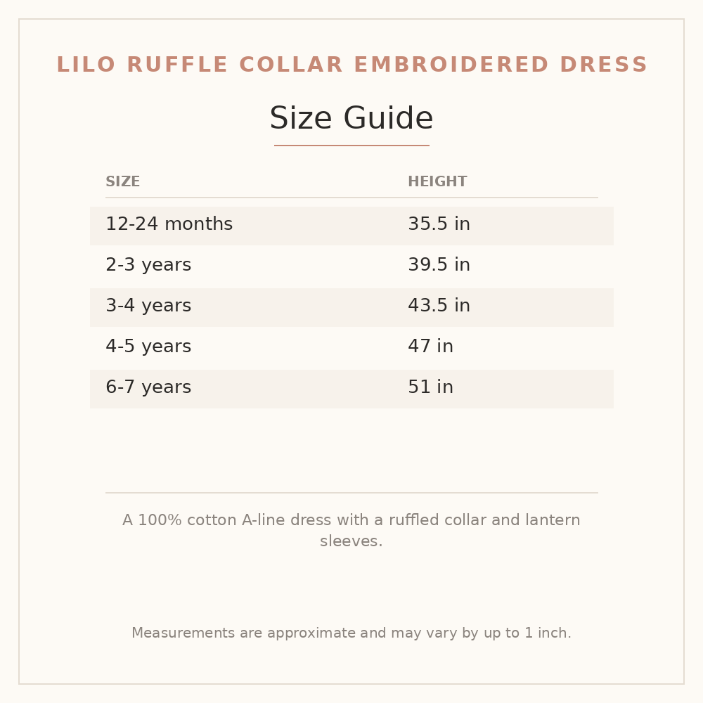 Lilo Ruffle Collar Embroidered Dress size guide - age and height