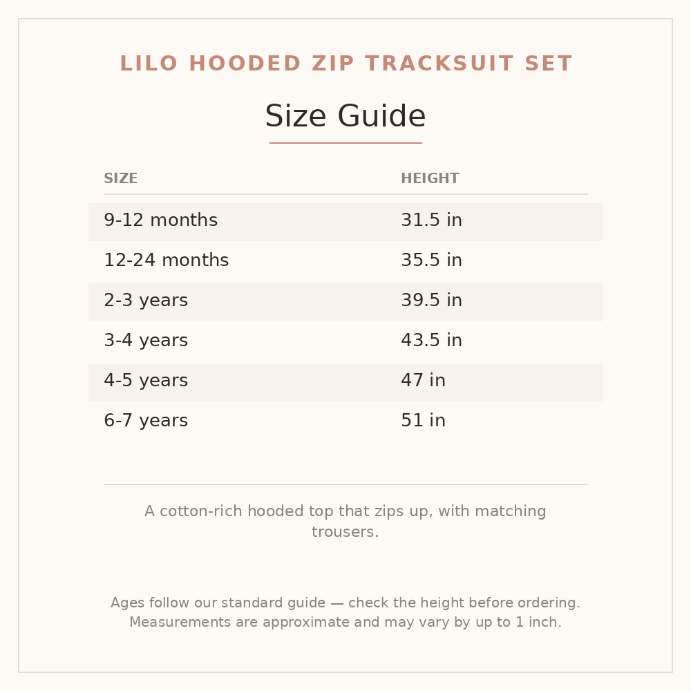 Lilo Hooded Zip Tracksuit Set size guide - age and height