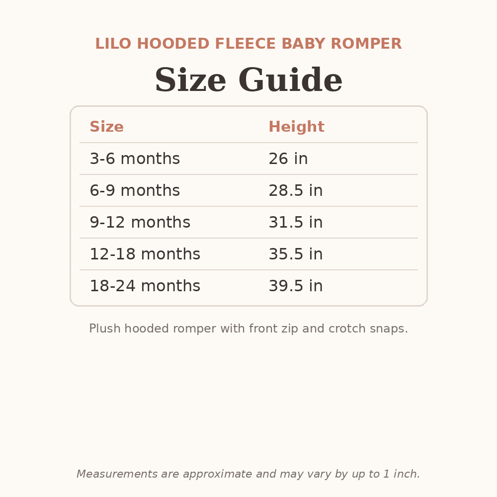 Lilo Hooded Fleece Baby Romper size guide - age and height