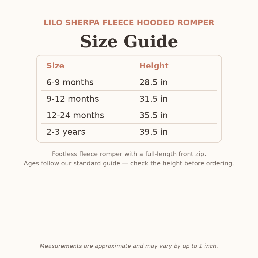 Lilo Sherpa Fleece Hooded Romper size guide - age and height