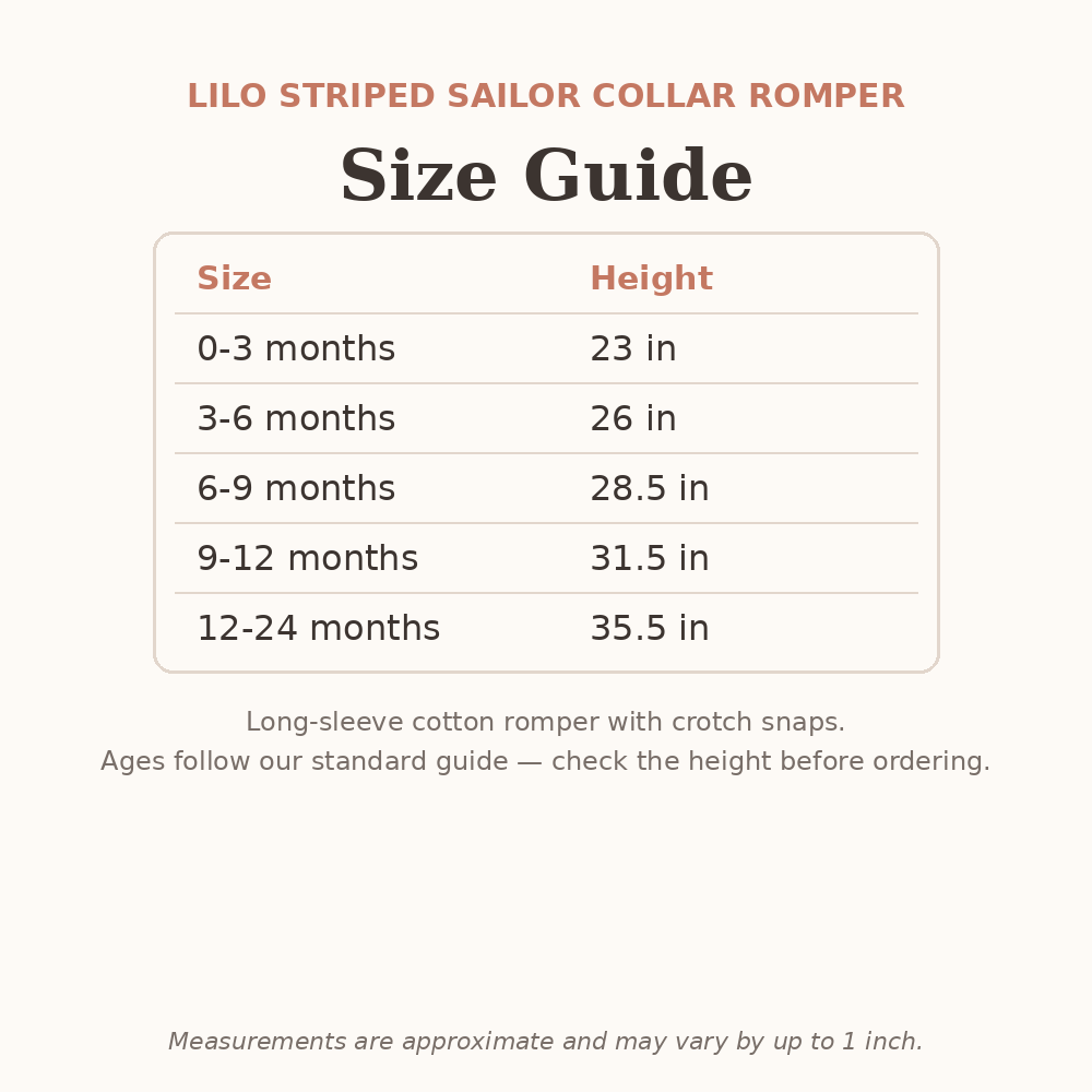 Lilo Striped Sailor Collar Romper size guide - age and height