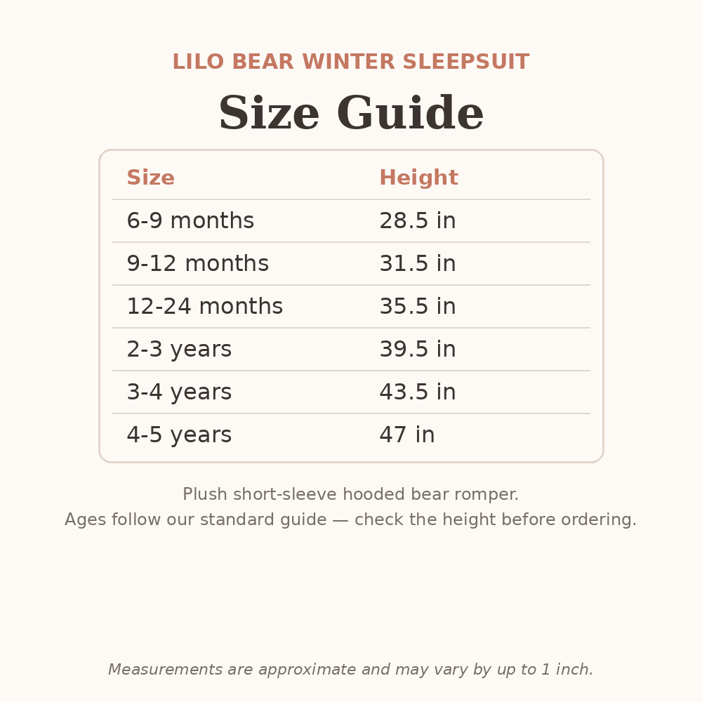 Lilo Bear Winter Sleepsuit size guide - age and height