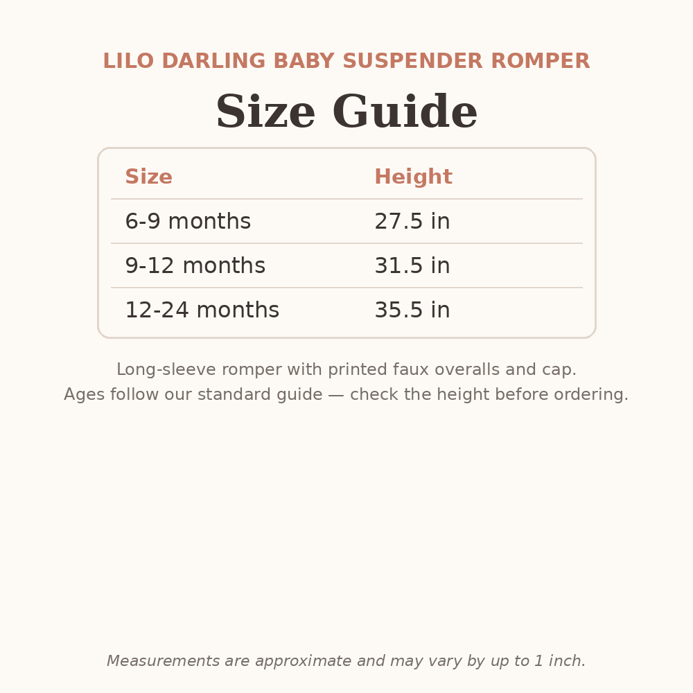 Lilo Darling Baby Suspender Romper size guide - age and height