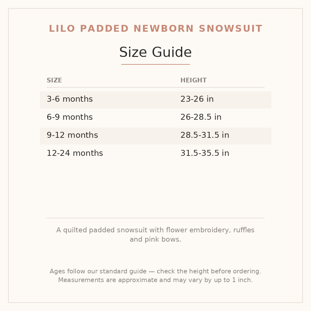 Lilo Padded Newborn Snowsuit size guide - age and height