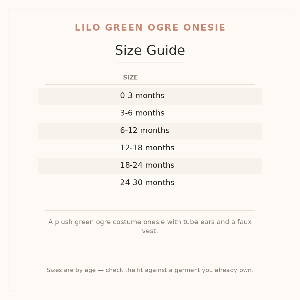 Lilo Green Ogre Onesie size guide - age and height