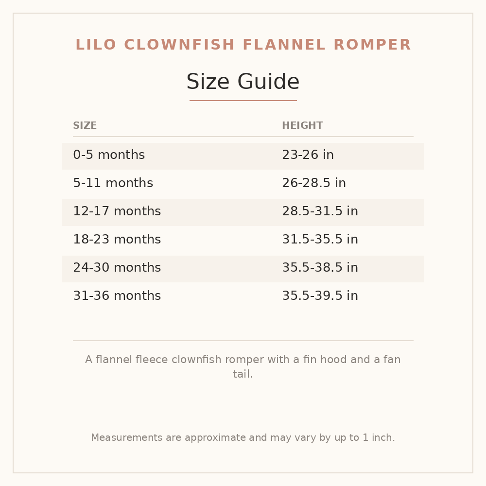 Lilo Clownfish Flannel Romper size guide - age and height