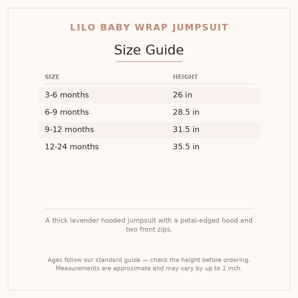 Lilo Baby Wrap Jumpsuit size guide - age and height