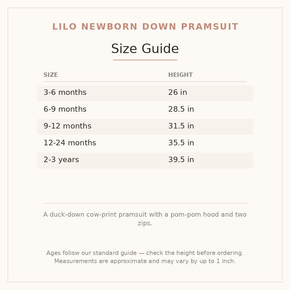 Lilo Newborn Down Pramsuit size guide - age and height