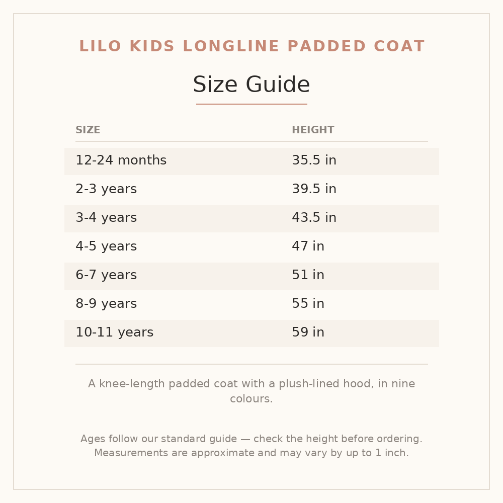 Lilo Kids Longline Padded Coat size guide - age and height
