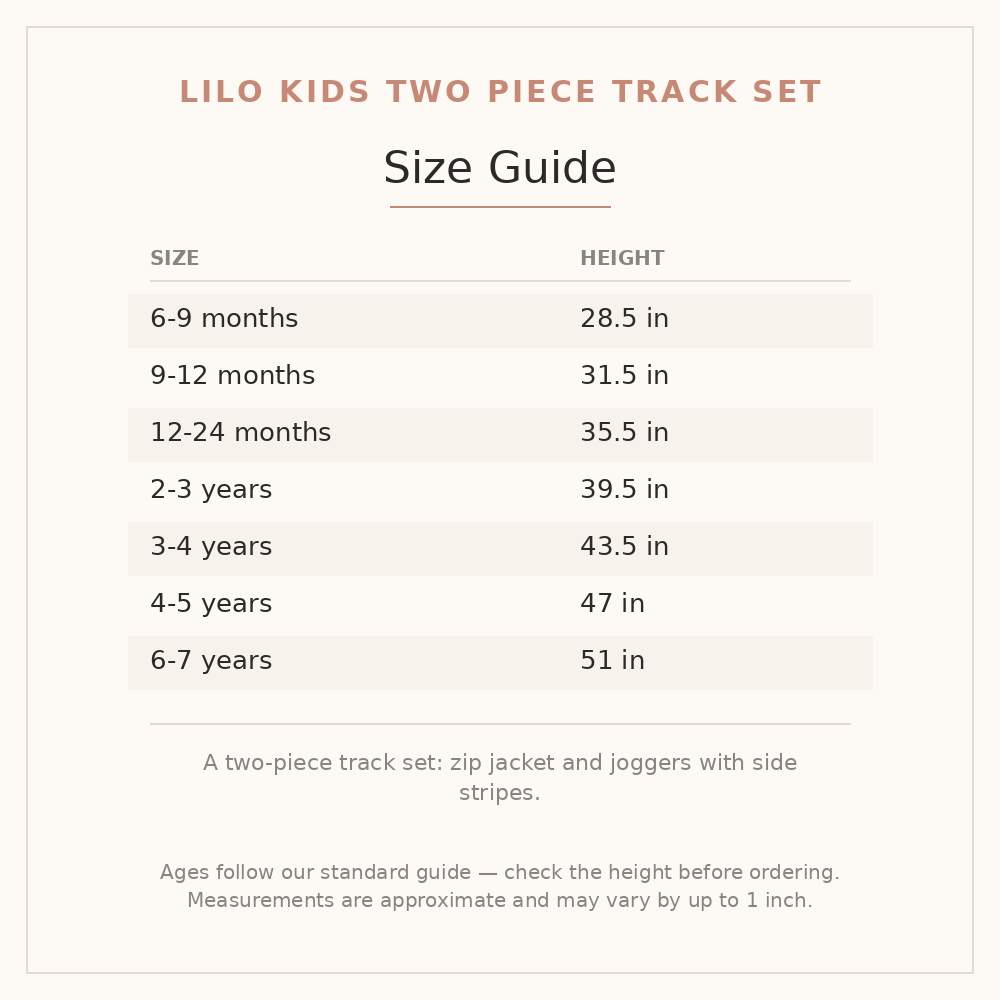 Lilo Kids Two Piece Track Set size guide - age and height