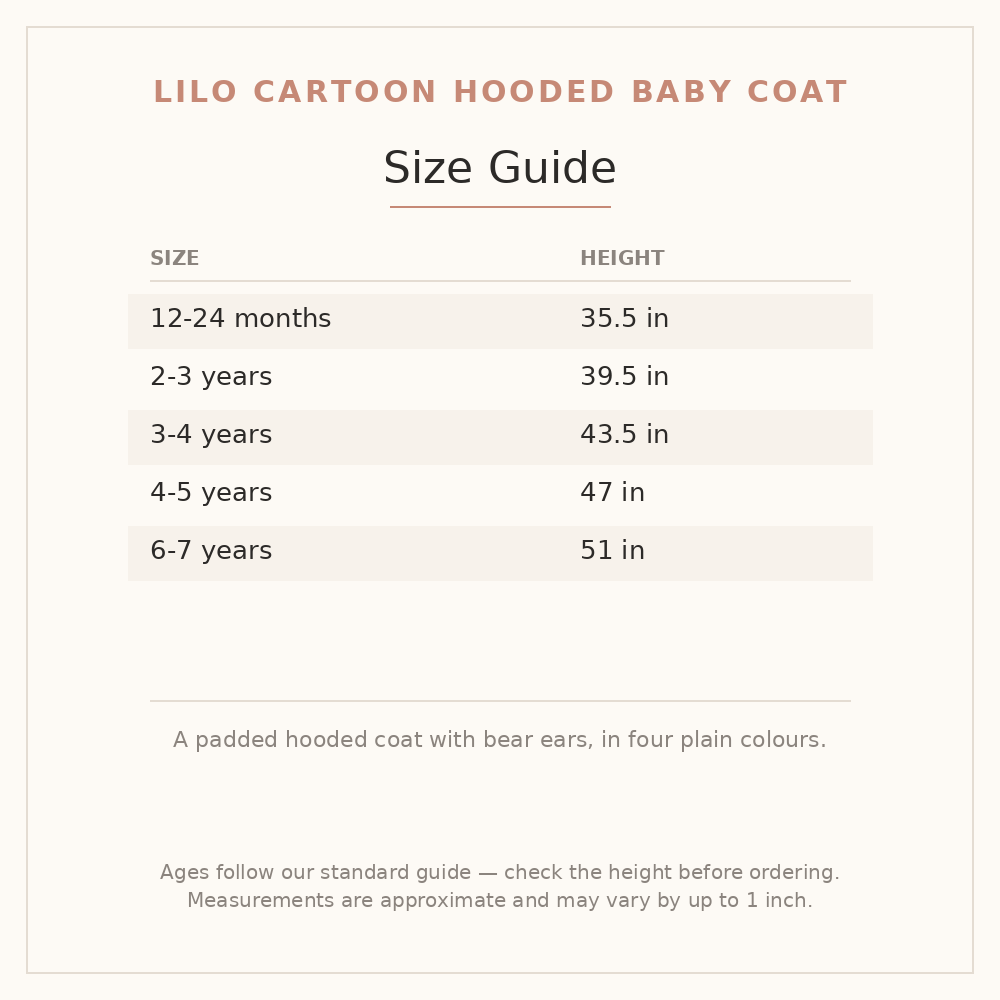 Lilo Cartoon Hooded Baby Coat size guide - age and height