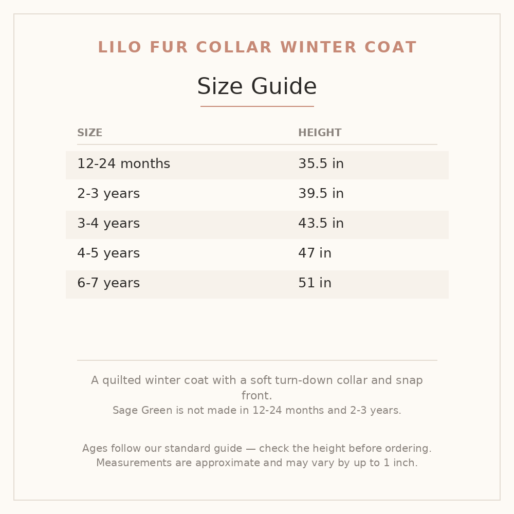 Lilo Fur Collar Winter Coat size guide - age and height