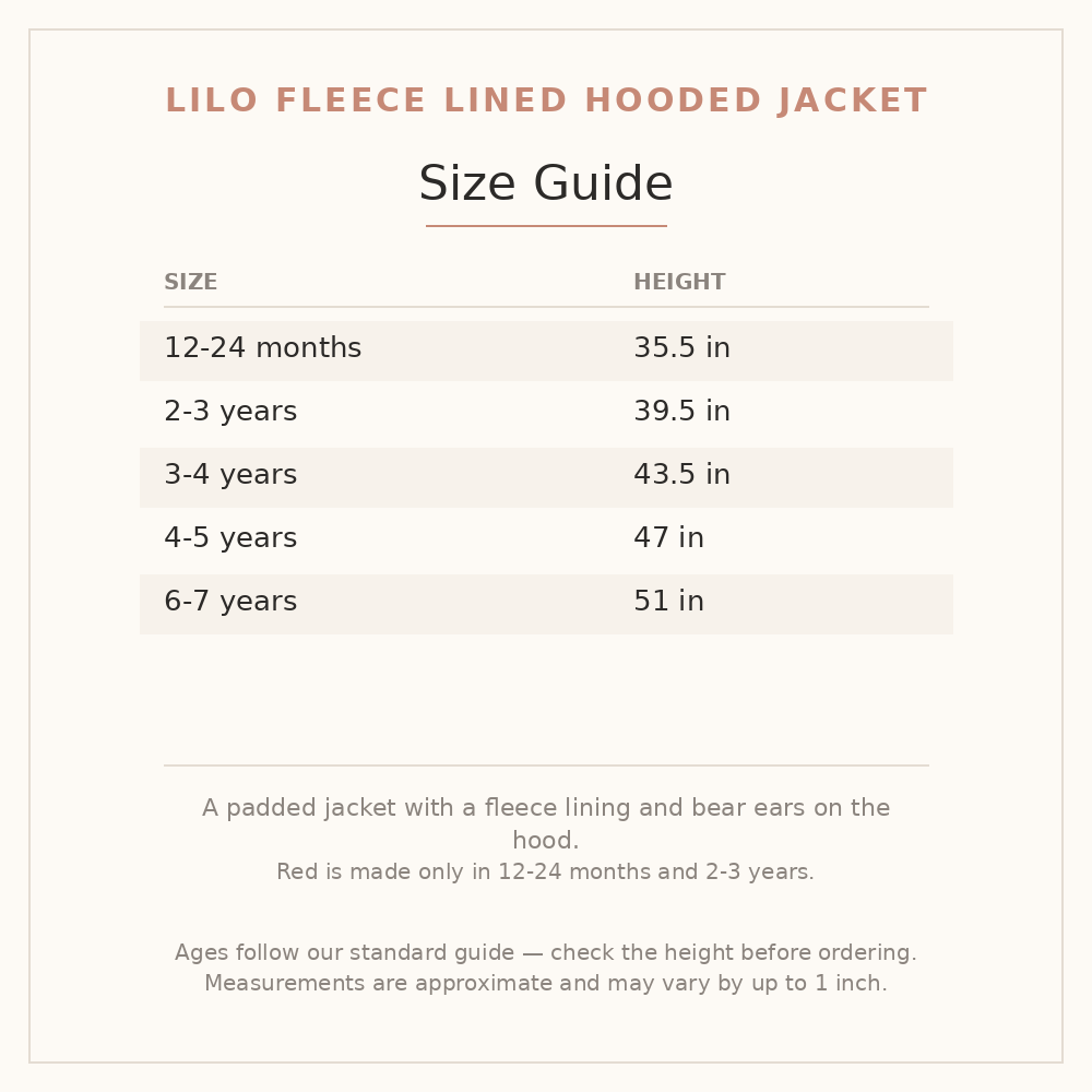 Lilo Fleece Lined Hooded Jacket size guide - age and height