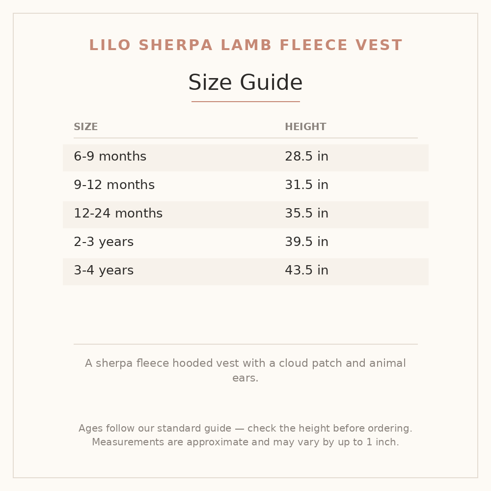 Lilo Sherpa Lamb Fleece Vest size guide - age and height