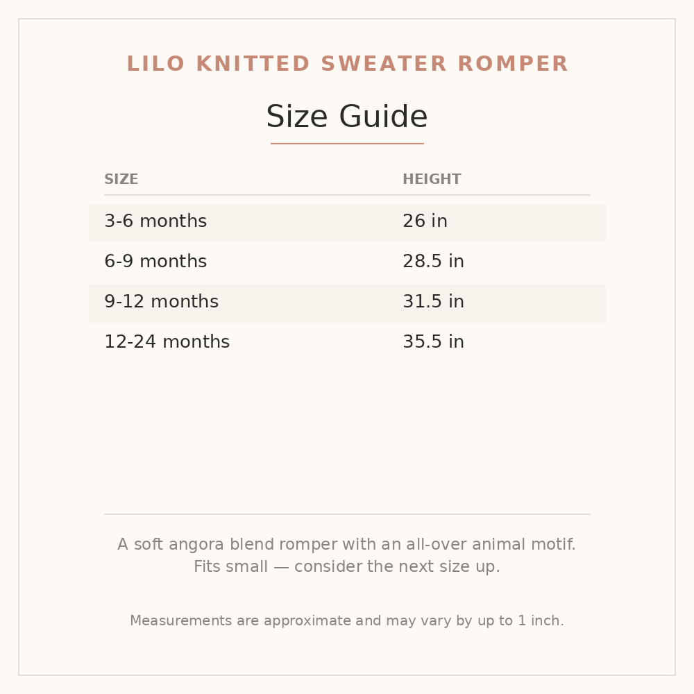 Lilo Knitted Sweater Romper size guide - age and height