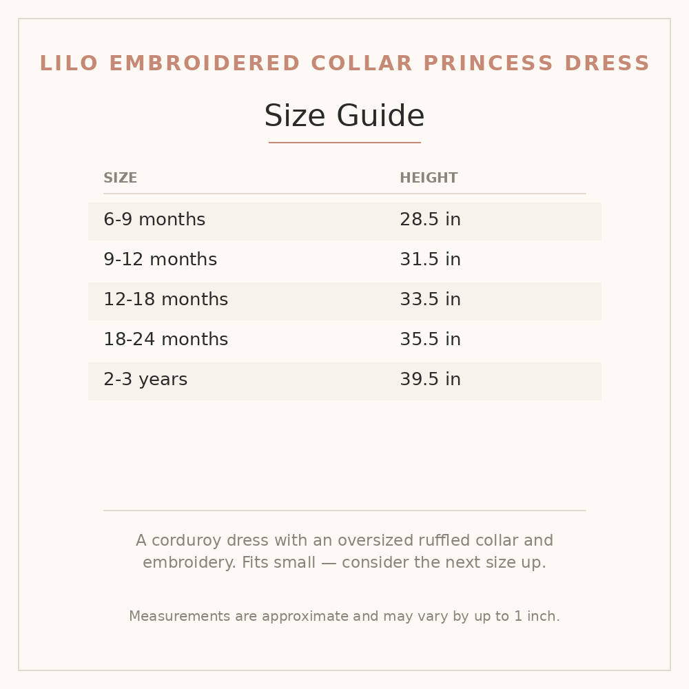 Lilo Embroidered Collar Princess Dress size guide - age and height