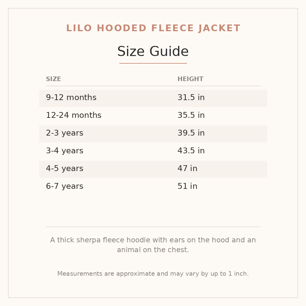 Lilo Hooded Fleece Jacket size guide - age and height