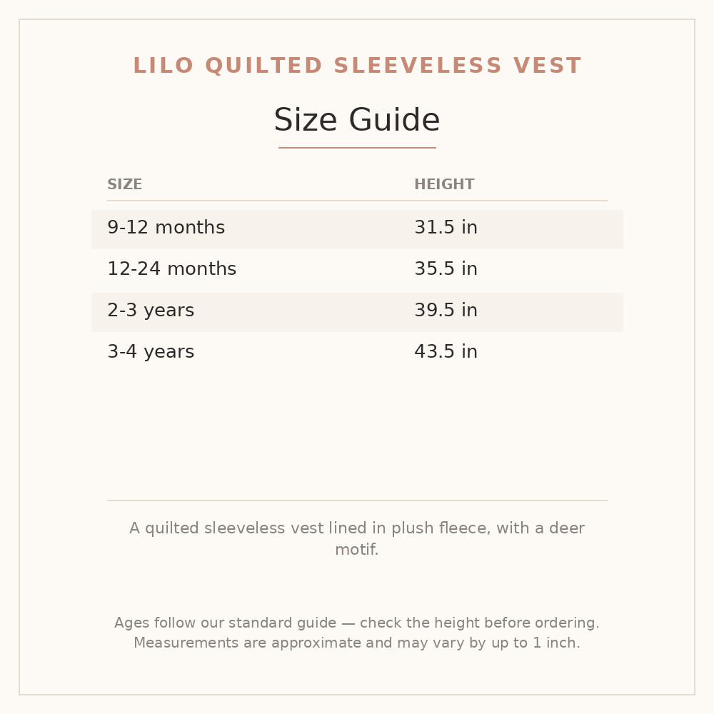 Lilo Quilted Sleeveless Vest size guide - age and height