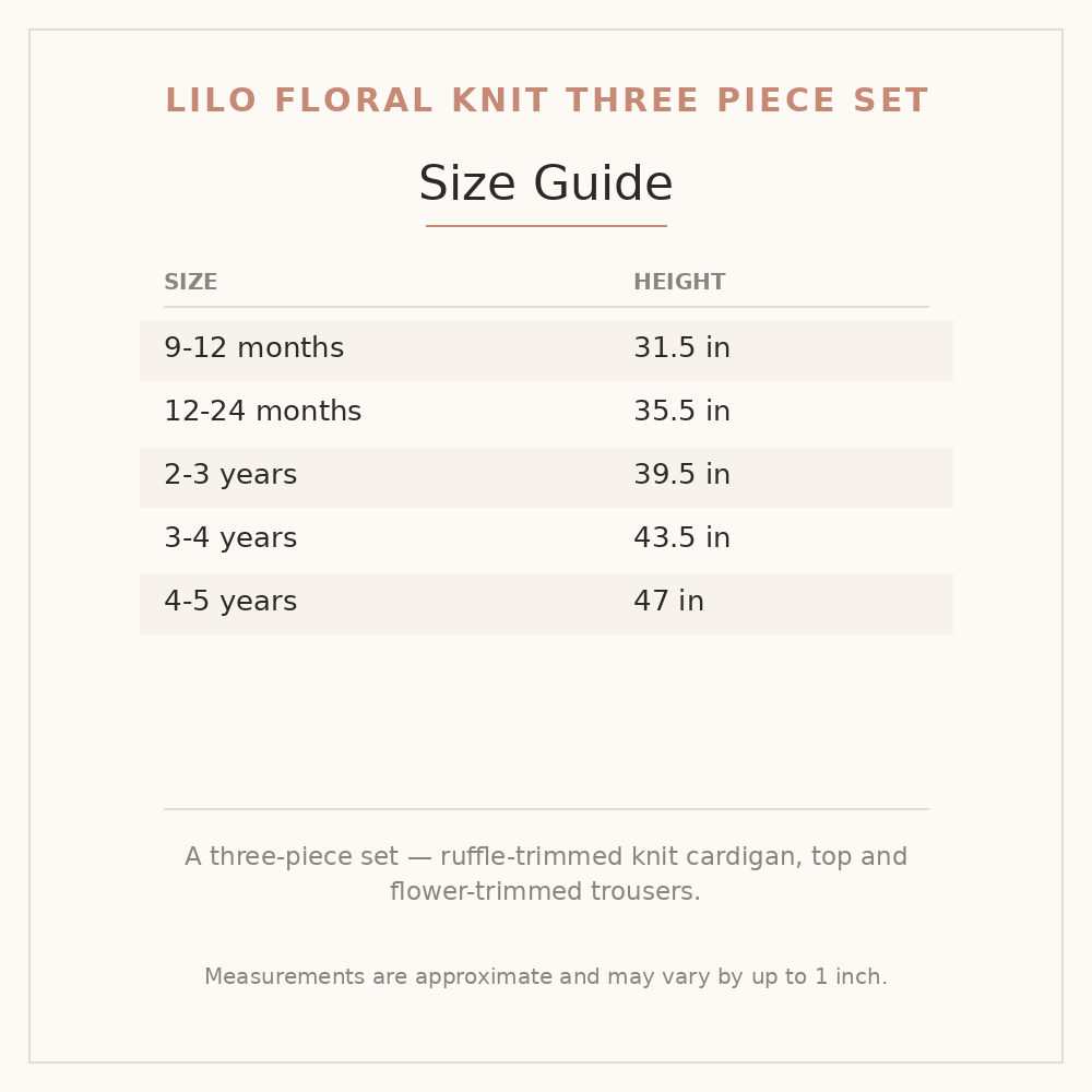 Lilo Floral Knit Three Piece Set size guide - age and height