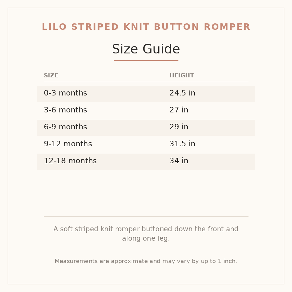Lilo Striped Knit Button Romper size guide - age and height