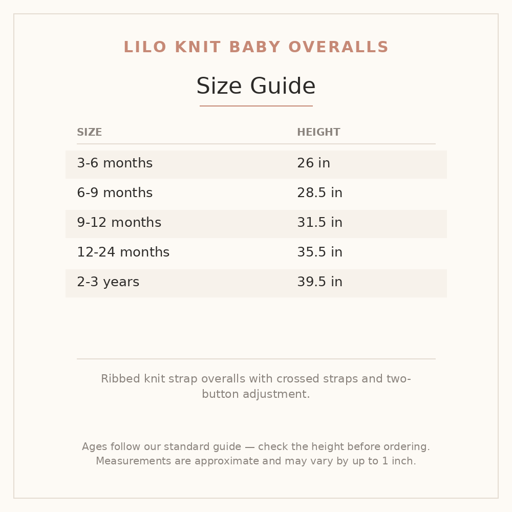 Lilo Knit Baby Overalls size guide - age and height