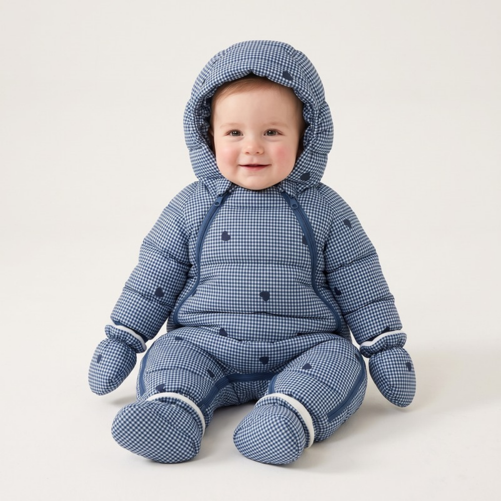 Lilo Baby Down Snowsuit - Blue Gingham Hearts