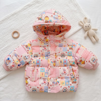 Lilo Cartoon Puffer Jacket - Pink Patchwork Bears