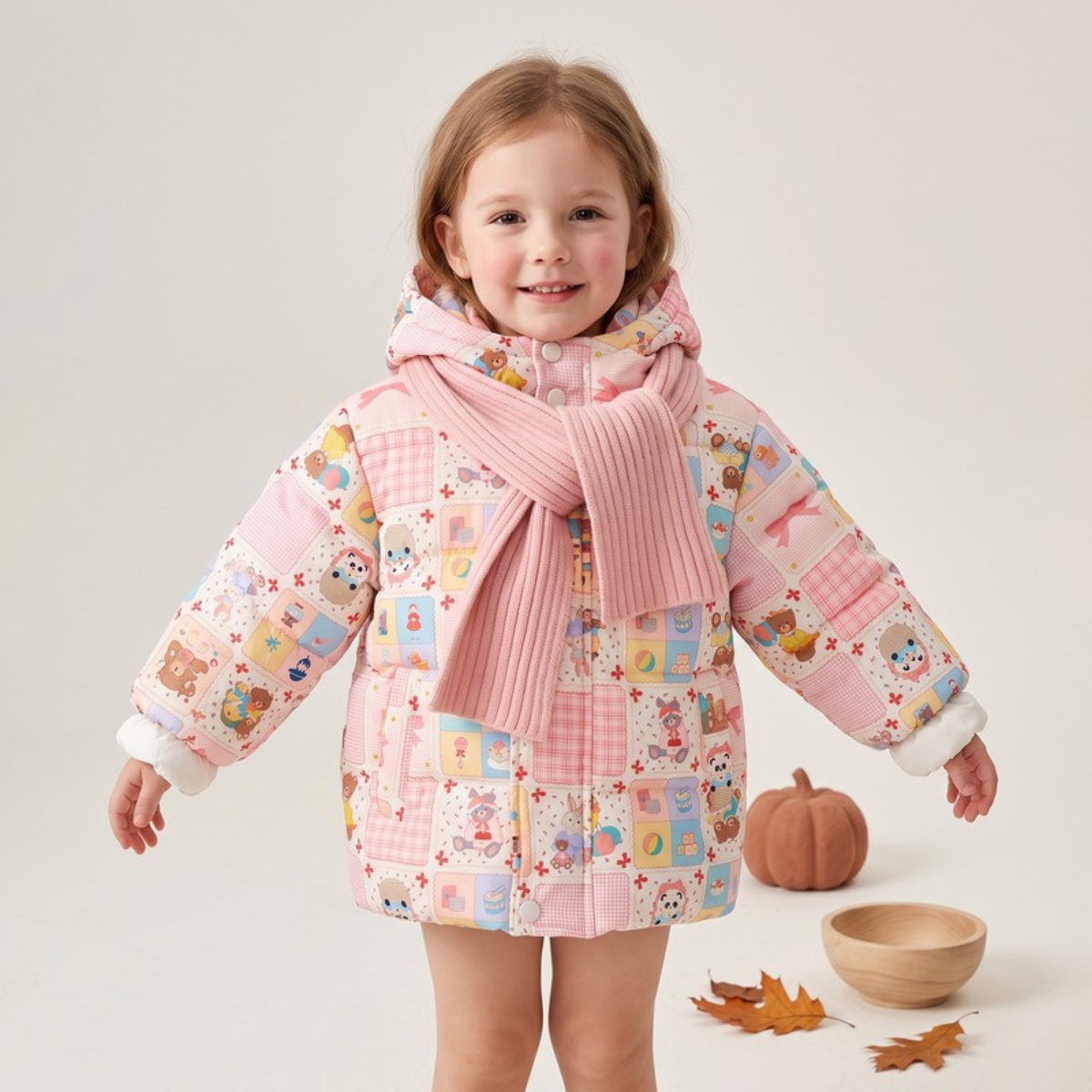 Lilo Cartoon Puffer Jacket - Pink Patchwork Bears