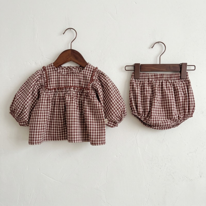 Lilo Plaid Puff Sleeve Set - Brown