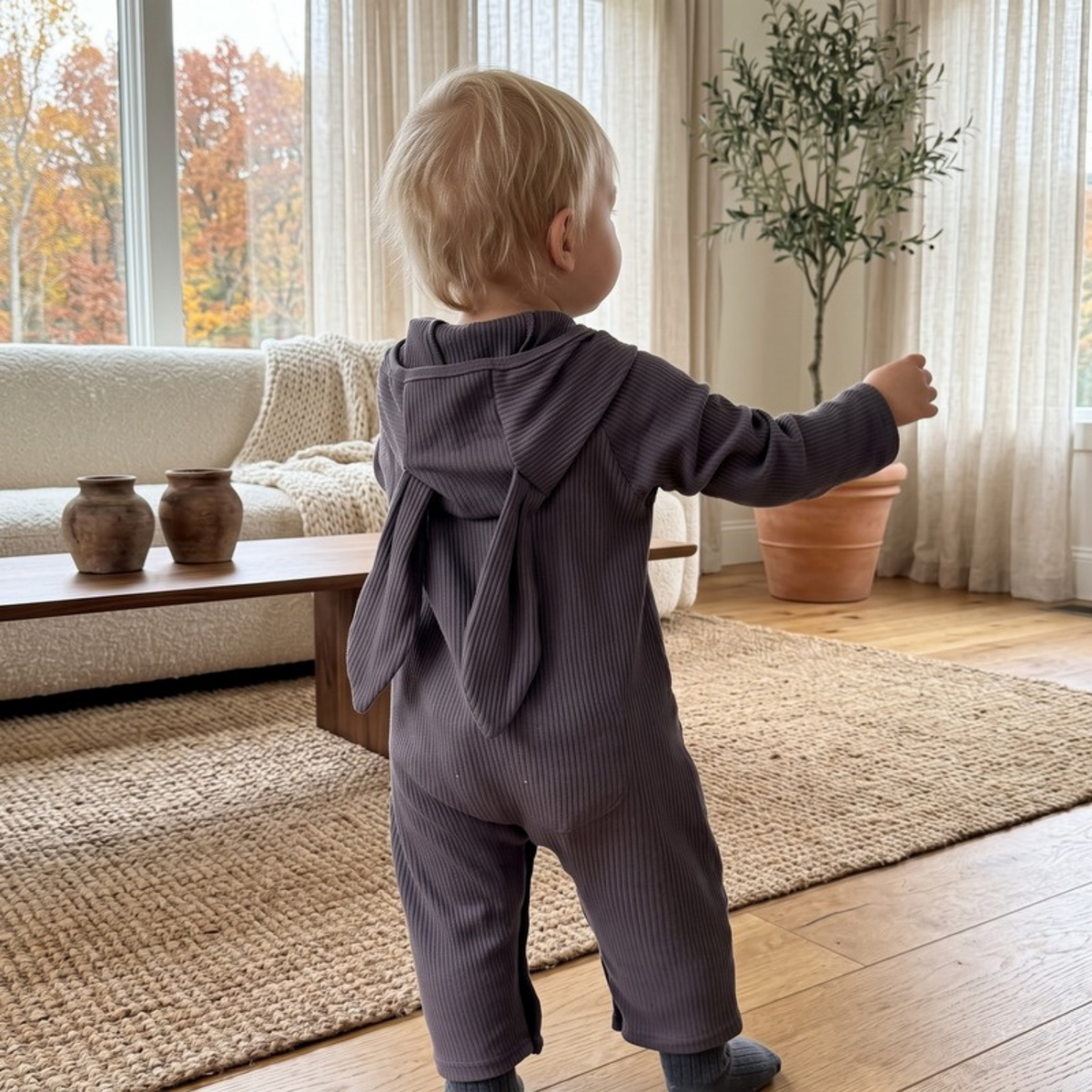 Lilo Bunny Ear Hooded Romper - Twilight Grey