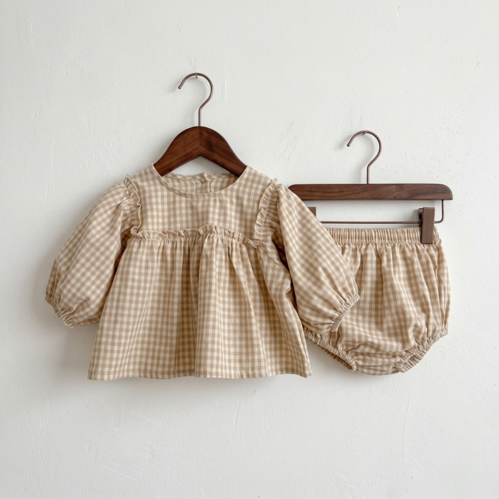 Lilo Plaid Puff Sleeve Set - Oatmeal