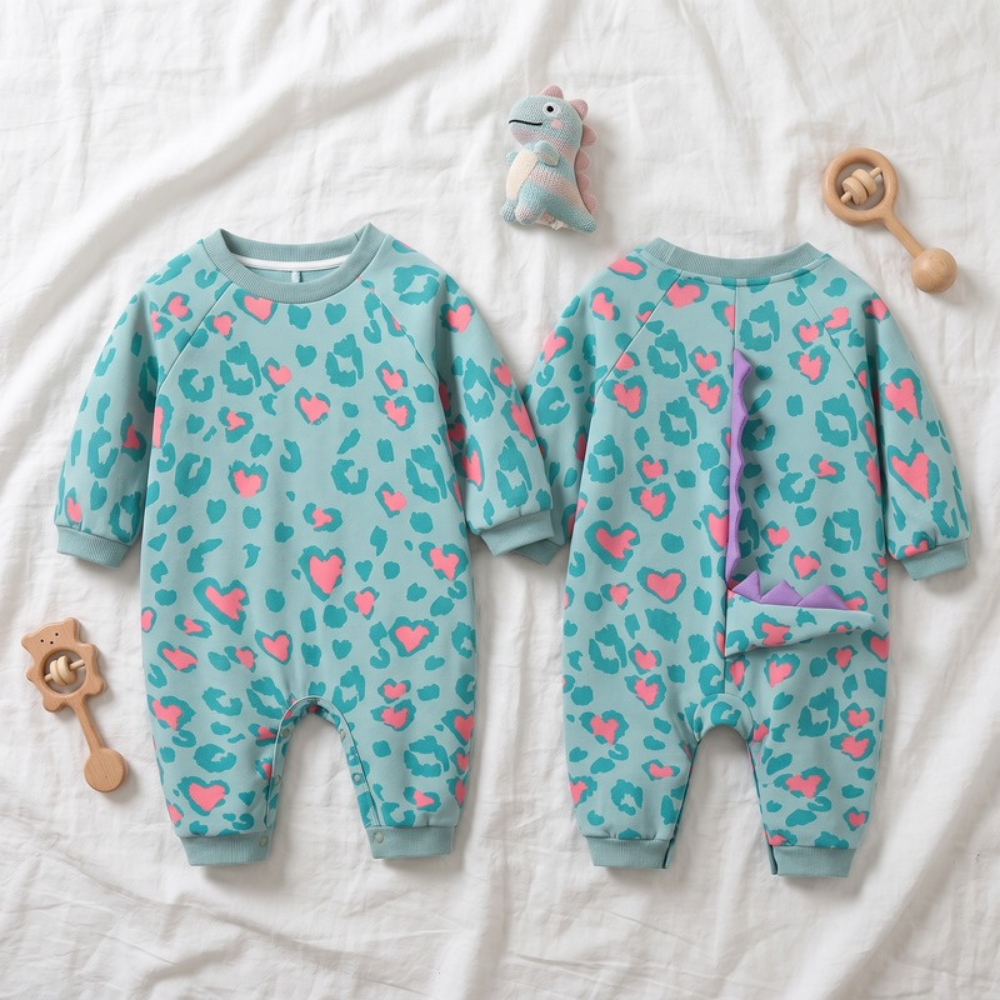 Lilo Dino Spike Heart Romper - Sage Long Sleeve