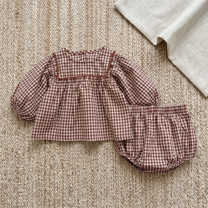 Lilo Plaid Puff Sleeve Set - Brown