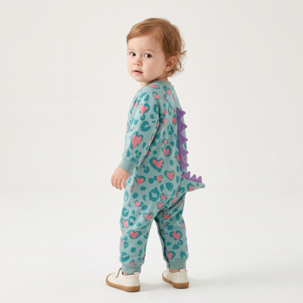 Lilo Dino Spike Heart Romper - Sage Long Sleeve