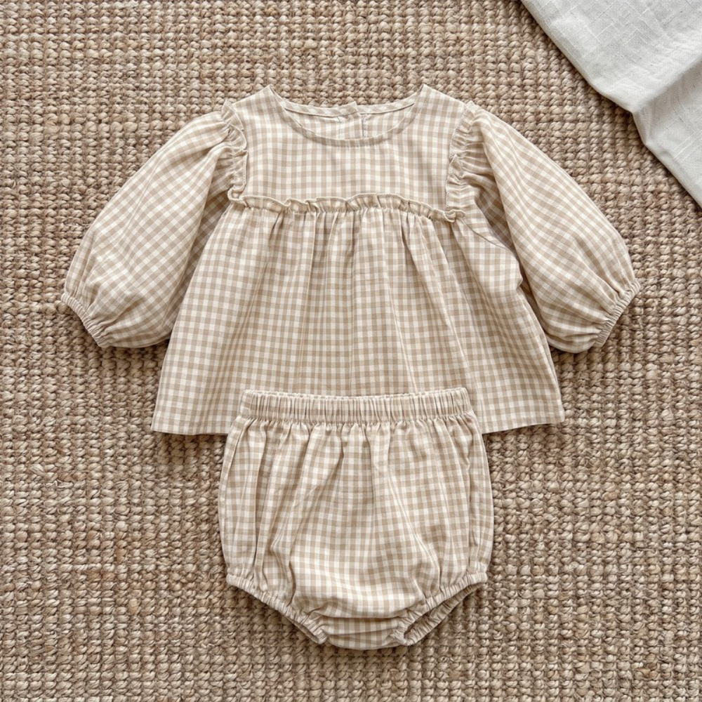 Lilo Plaid Puff Sleeve Set - Oatmeal