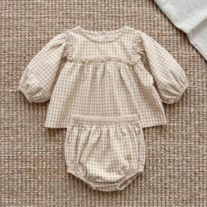 Lilo Plaid Puff Sleeve Set - Oatmeal